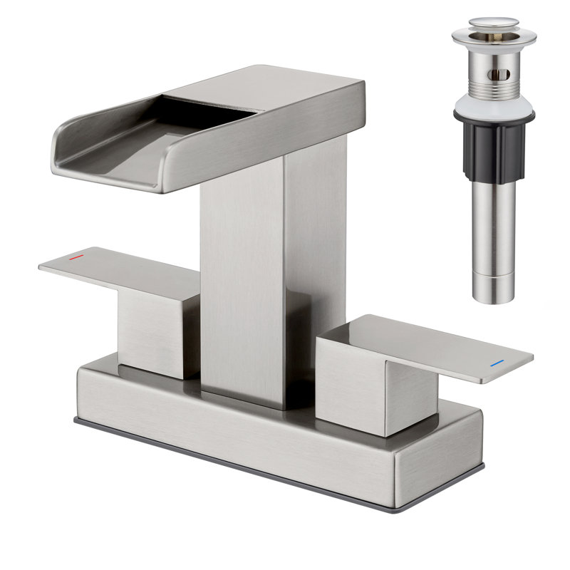 4 in. Centerset Double Handle Slope Waterfall Spout Bathroom Vessel Sink Faucet with Pop Up Drain, Brushed Nickel