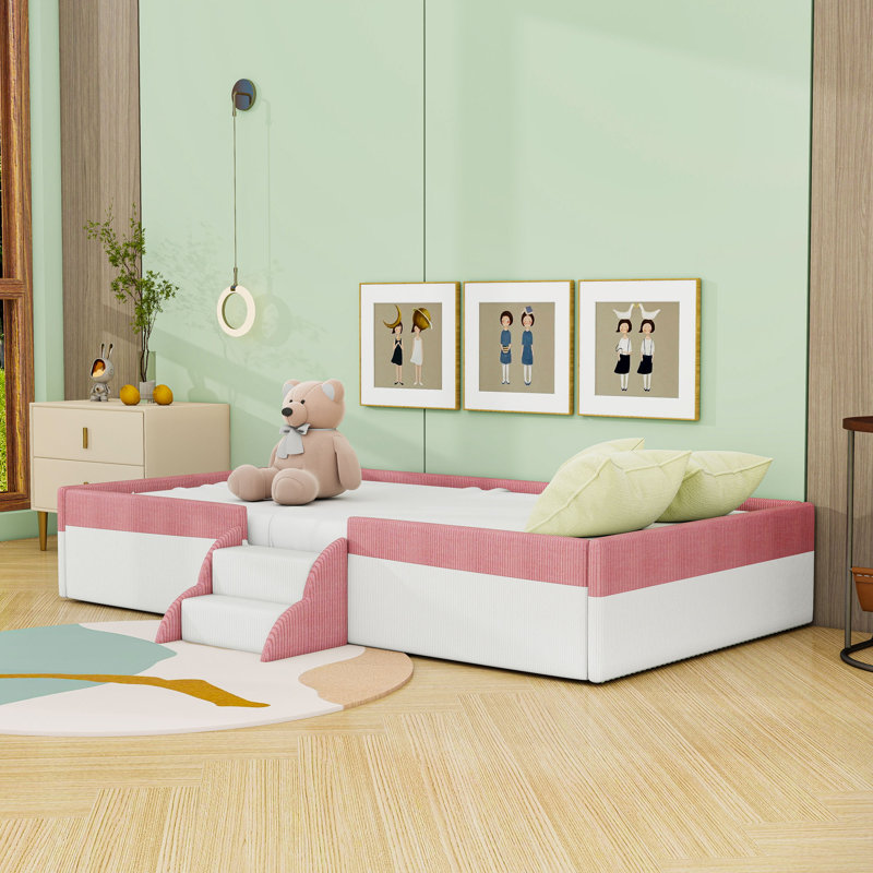 Lit de plancher rembourré avec bandes et lattes claires, Lit simple, Blanc rose