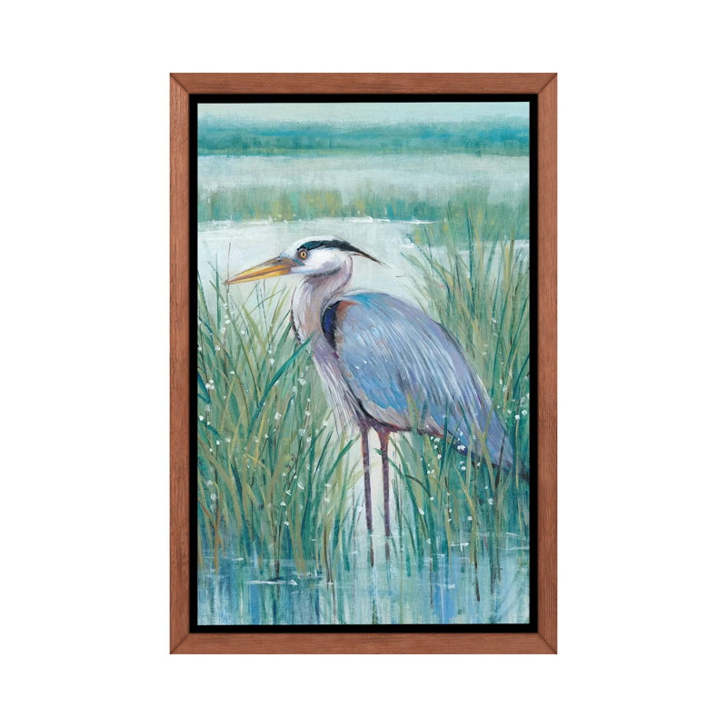 «Wetland Heron II» par Timothy O 'Toole - impression d'art graphique, H 40 po x l 26 po x P 1,5 po, Cadre flottant brun