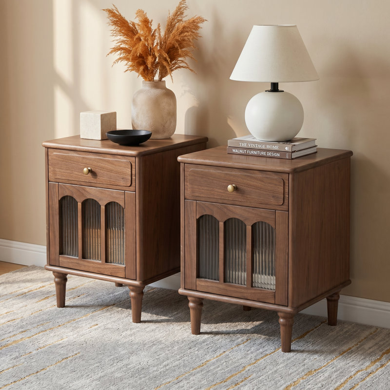 23"H Traditional Solid Wood Nightstand Set with Fluted Glass Doors, Storage Drawer, Set of 2, Black Walnut 