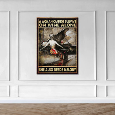 Sexy Woman Plays Piano With Wine - A Woman Cannot Survive On Wine Alone… Gallery Wrapped Canvas - Music Illustration Decor, Red And Brown Living Room Decor