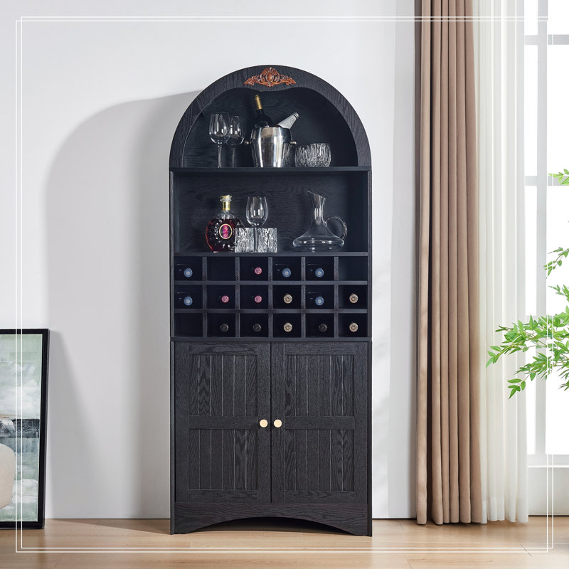 Armoire arquée en bois avec support à vin amovible et tablettes réglables, Noir