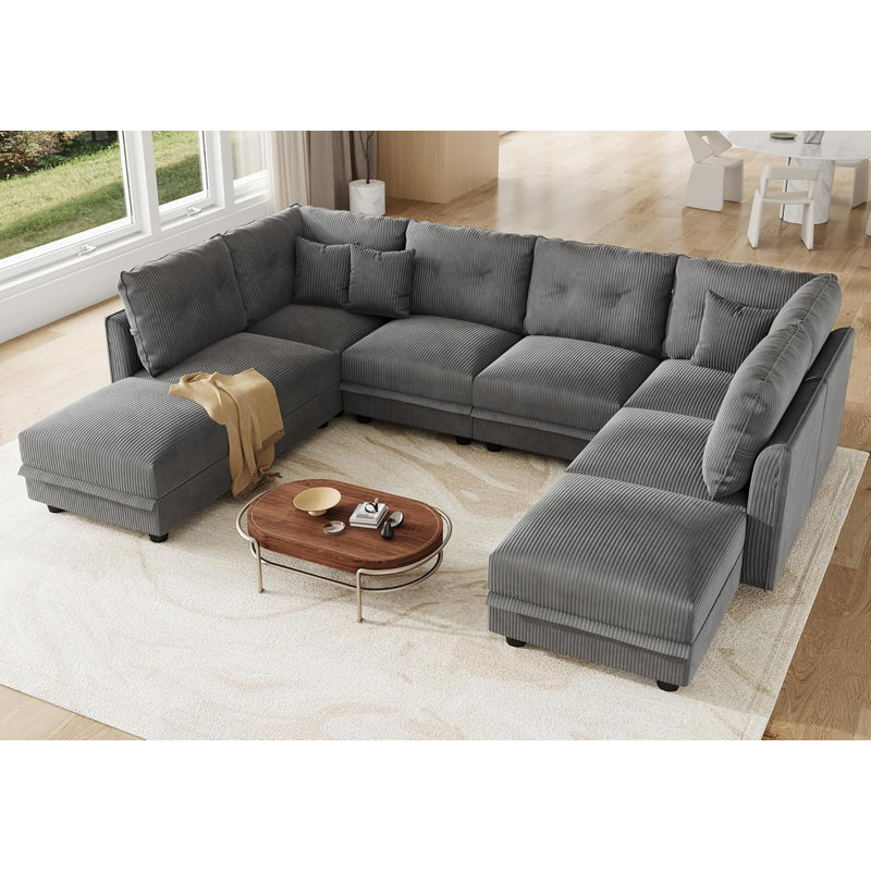 Degennaro 8 Seat Corduroy Convertible Modular Sectional Sleeper With Storage, Gray Corduroy