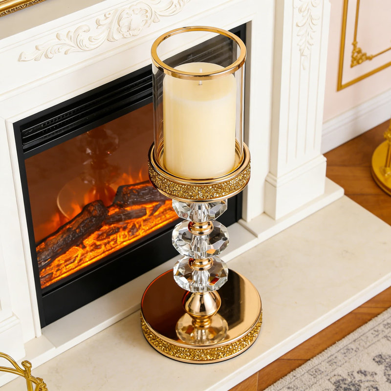 Crystal And Metal Pillar Candle Holder With Hurricane Glass Cover For Weddings, Home Decor, And Table Centerpieces, Gold