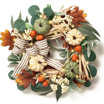  Couronnes d'automne pour la porte d'entrée à l'extérieur, couronne de porte de campagne d'automne de 16 po avec lumières et arc de citrouilles blanches, décorations d'automne extérieures pour le porche de la maison