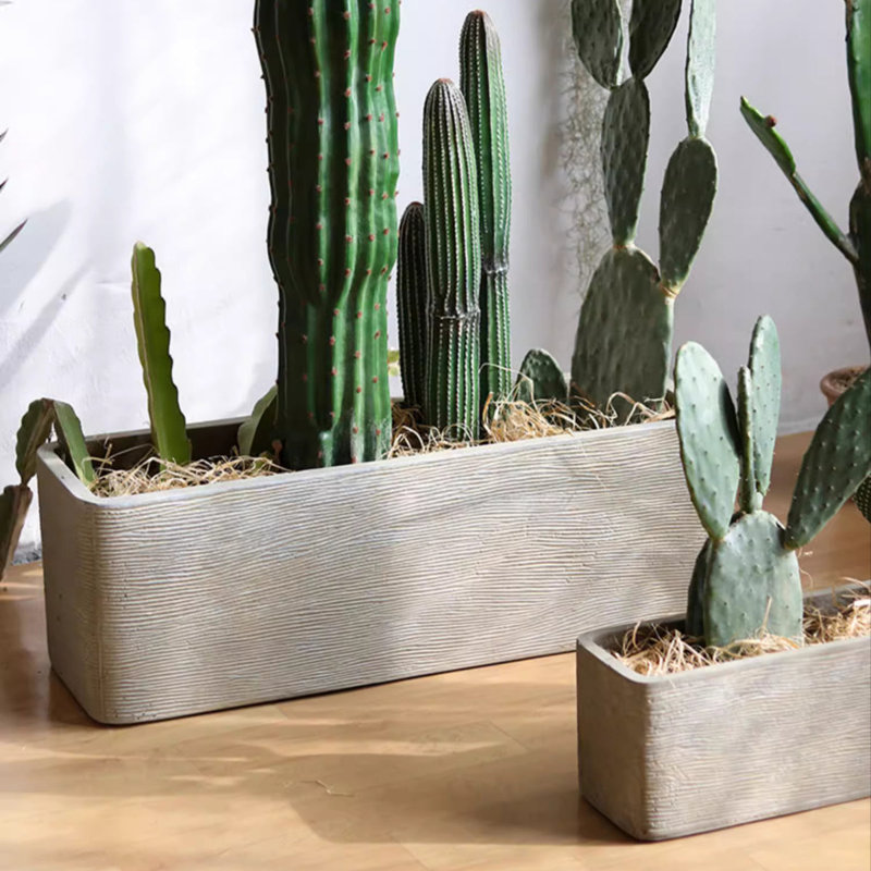 Modern Rectangular Textured Planter, 6.6" H x 23.6" W x 6.3" D, Antique White