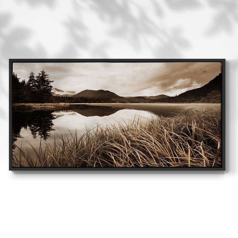 Calm Lake- Framed Gallery Wrapped Canvas -Ready to Hang, 25" H x 49" W, Black