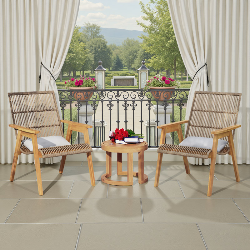 Ensemble de chaises longues d'extérieur en bois d'acacia 3 pièces avec table d'appoint, osier naturel et coussins gris clair