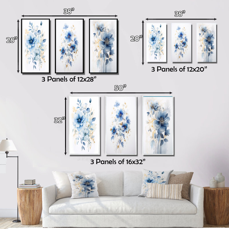 «Délicates feuilles de ginko bleu sur aquarelle blanche», 3 pièces sur toile, Cadre flottant noir, H 28 po x l 36 po