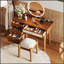 Ensemble de coiffeuse à maquillage rétro en bois bohémien avec prise de charge, port USB, tabouret et tiroirs de rangement multiples