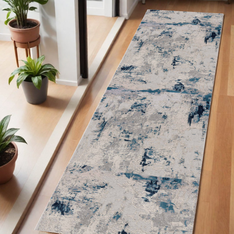 Tapis de couloir abstrait 6 pi bleu et crème