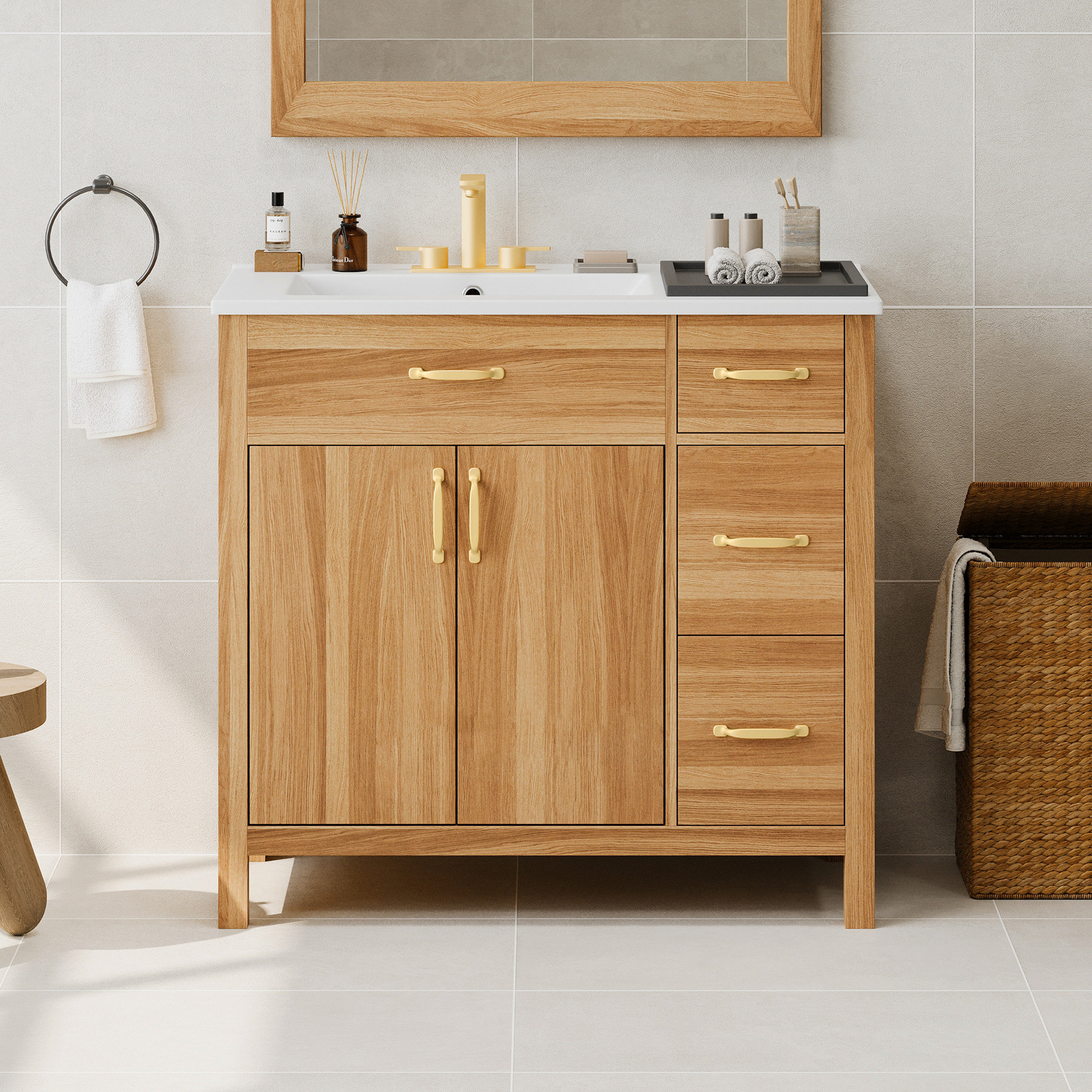 View of Modern Minimalist Bathroom Cabinet With Soft Close Drawers And Floatin