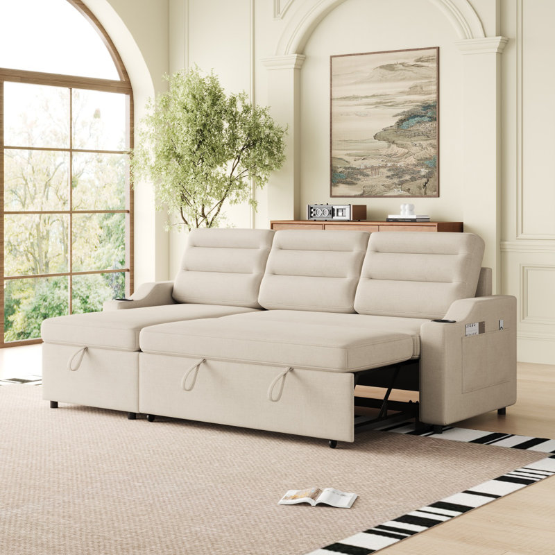 Canapé-lit moderne convertible de 83,5 po avec canapé-lit convertible en polyester, Tissu beige