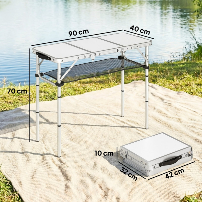 3ft Aluminium Foldable Camping Picnic Table with Mesh Storage Shelf & Carry Bag, Cream