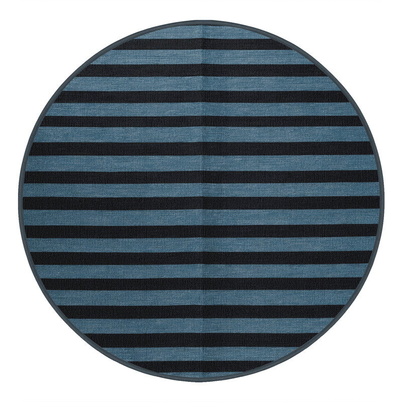 Machine Washable Horizontal Stripes Black Area Rug, Round 5'