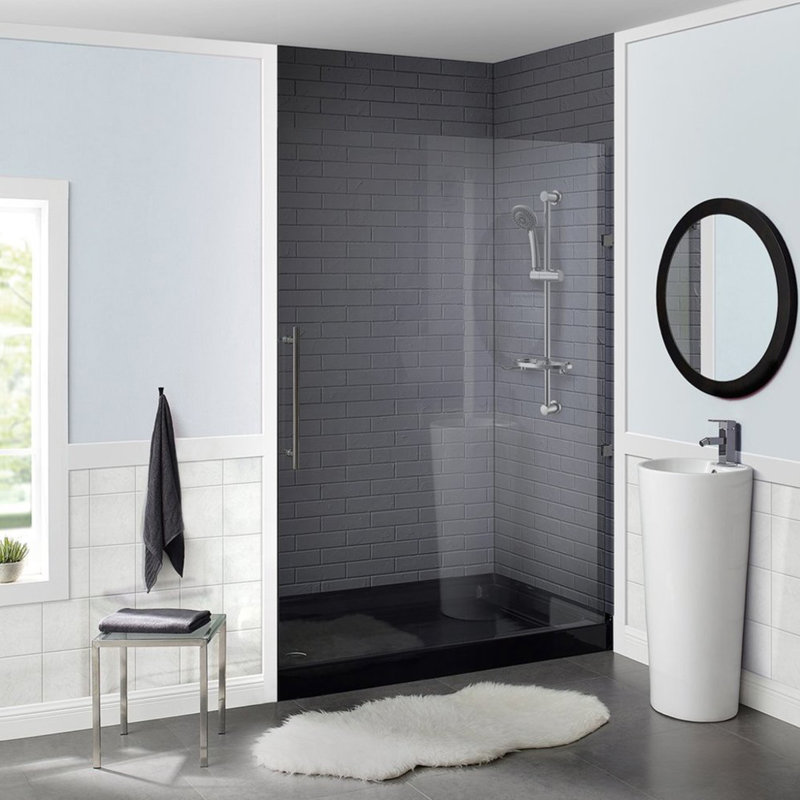 Receveur de douche Voltaire 60 po x 36 po en acrylique noir, à seuil unique, vidange à gauche, Noir, Gauche