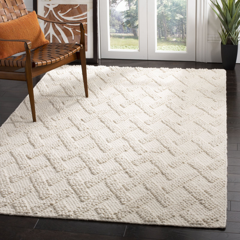 Tapis beige en laine tissé à plat à la main à motif géométrique Aldeline, Rectangle de 5 pi x 8 pi