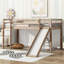 Lit simple mezzanine bas avec glissade, échelle, barrières de sécurité, lit mezzanine simple en bois d'hévéa, naturel
