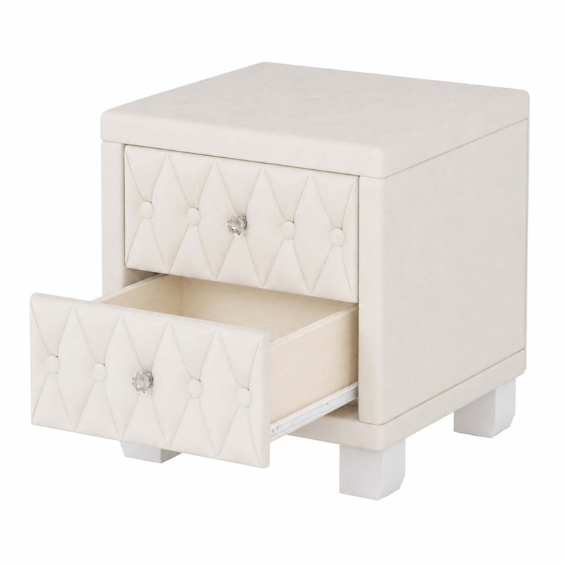 Table de chevet élégante en velours avec poignées en cristal et capitonnage à boutons, Beige
