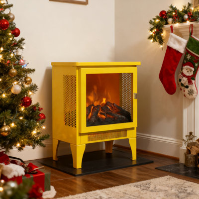 Foyer électrique autoportant de 18 pouces, jaune citron, effet de flamme 3D, chaleur de 1400 W / 700 W, 5000 par heure, sécuritaire pour les animaux de compagnie, conception panoramique à 3 côtés, facile à ranger avec pied amovible, porte dorée