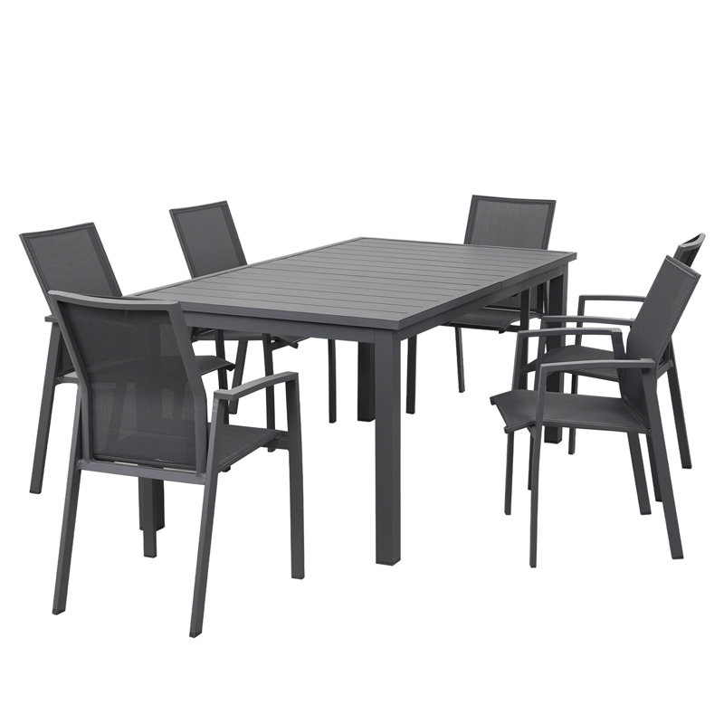 Calliana Patio Dining Set with Extendable Dining Table and Fully Assembled Stackable Chairs, Gray, 6