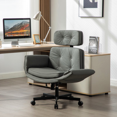 Criss Cross Chair With Adjustable Armrests & Wheels & Headrest, PU Lounge Vanity Desk Chair With Wide Seat For Cross-Legged Sitting, Swivel Task Office Chairs For Home, Makeup, Gaming, Office