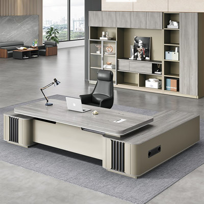 Bureau de direction grand luxe 78,74 "clair - panneau de particules en bois massif avec plateau élargi, armoire latérale étendue, boîte de gestion des câbles et tiroirs silencieux, armoire latérale réversible, bureau de direction à grande capacit?
