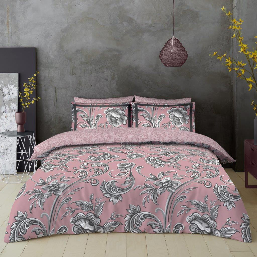 Traditional Damask Pattern Duvet Cover Set with Pillowcases - Polycotton - Single Double King Machine Washable Bedding
