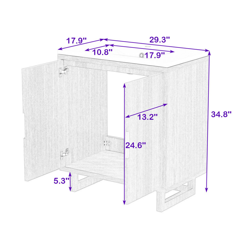 Meuble-lavabo simple autoportant en bois moderne avec portes à fermeture en douceur et lavabo en résine