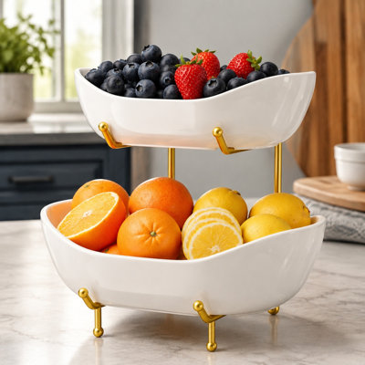 2 Tier Ceramic Fruit Bowl Set with Gold Metal Stand, Kitchen Counter Organizer for Fruit, Snacks, Bread, Candy