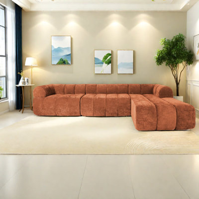 Canapé modulaire moderne en forme de L orange de 122 po sans os, confort en mousse haute densité pour le salon