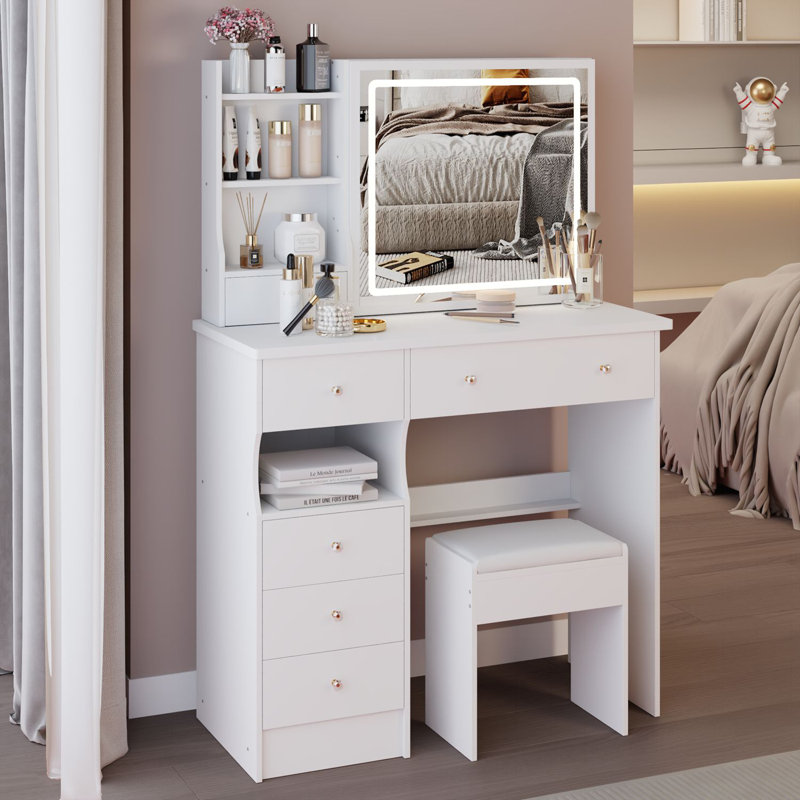 Table de meuble-lavabo de taille moyenne de 37 pouces avec tiroir gauche, tabouret rembourré, miroir à DEL tactile tricolore et rangement grande capacité pour les grands espaces