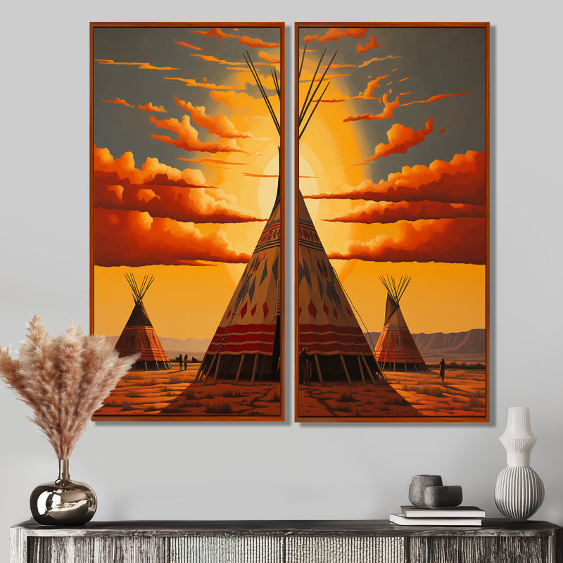Native Tipi Orange Collage II - Global Canvas Wall Art, 20" H x 24" W, Brown, Floater Framed Print