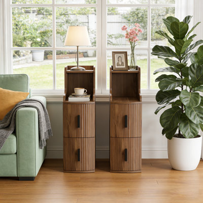 Table de chevet étroite cannelée à 2 tiroirs, table de chevet mince en bois pour chambre à coucher, ensemble de 2, noyer