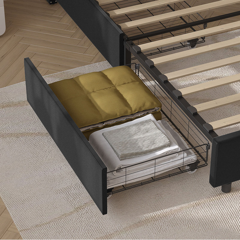 Better Home Products Izayah Velvet Upholstered Bed with 4 Storage Drawers, King, Black