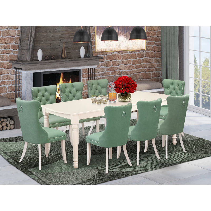 Ensemble de cuisine 9 pièces composé d'une table de salle à manger rectangulaire avec rallonge papillon et 8 chaises rembourrées en polyester, lin blanc