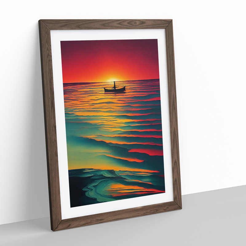 Boat And The Ocean Sunset - Print, 36cm H x 27cm W x 2cm D, Walnut Framed, White