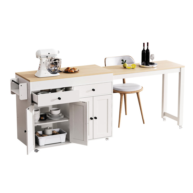 74.5 Inch Kitchen Island With 27" Extendable Table, 44"x19.75" Island, 2 Drawers, 7 Smooth Rotation Wheels And 4 Door Cabinet, White Drawers Wheels,