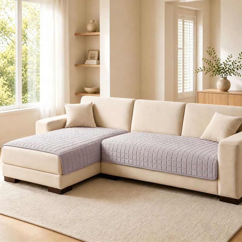 2 Piece Quilted Plush Sectional Sofa Cushion Cover Set, Non Slip Washable Protector for L Shaped Couch, Light Gray