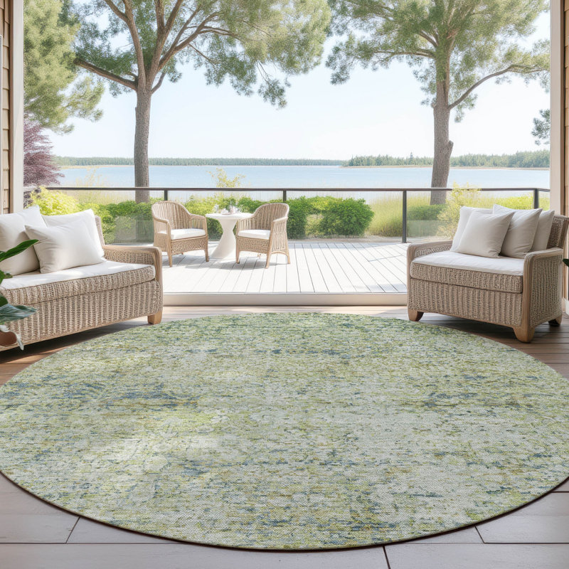 Machine Washable Indoor/Outdoor Xhevrie Aloe Rug, Round 8'