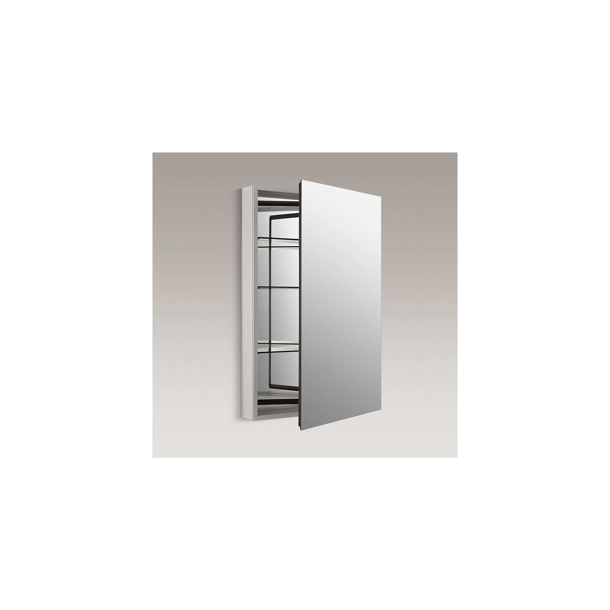 KOHLER Catalan Aluminum Single-Door Medicine Cabinet with 107 Degree Hinge, Frameless with Adjustable Shelves