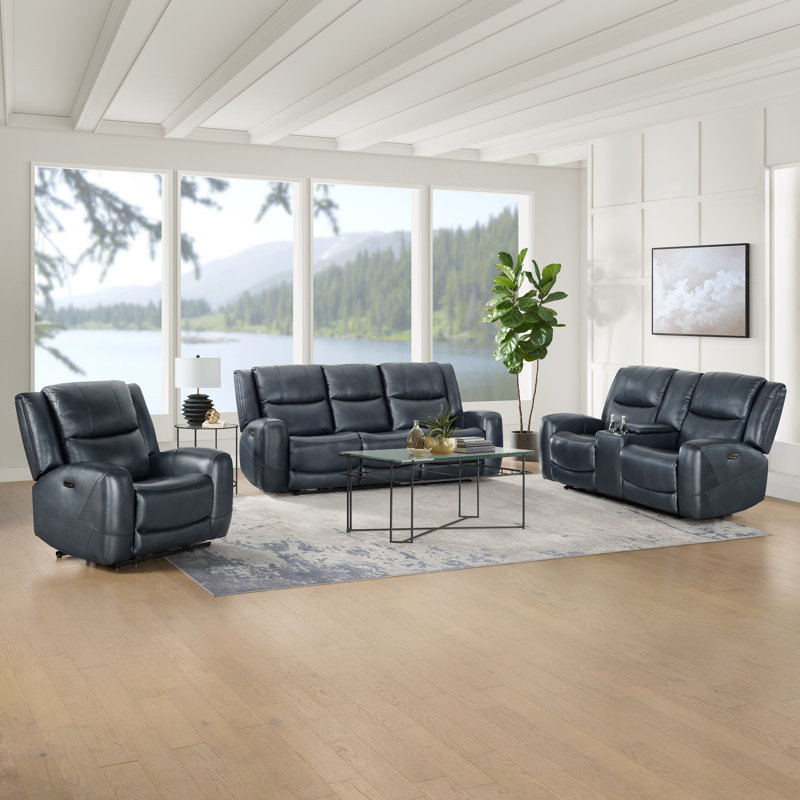 Ensemble de salon en cuir 3 pièces Lark Manor ™ Cynita, Bleu