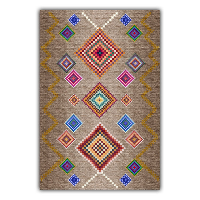Tapis beige à motif géométrique multicolore lavable à la machine, Sous-tapis rectangulaire de 3 pi 3 po x 4 pi 11 po