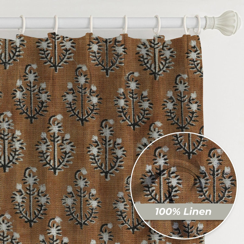 Fabdivine Hand Block Print Brown or Black Floral Pinch Pleated Curtains Home Office Décor Window Treatment, 27x63 Inches with Blackout Fabric  Thick Linen Kitchen Hook Drapes, Neel Gagan