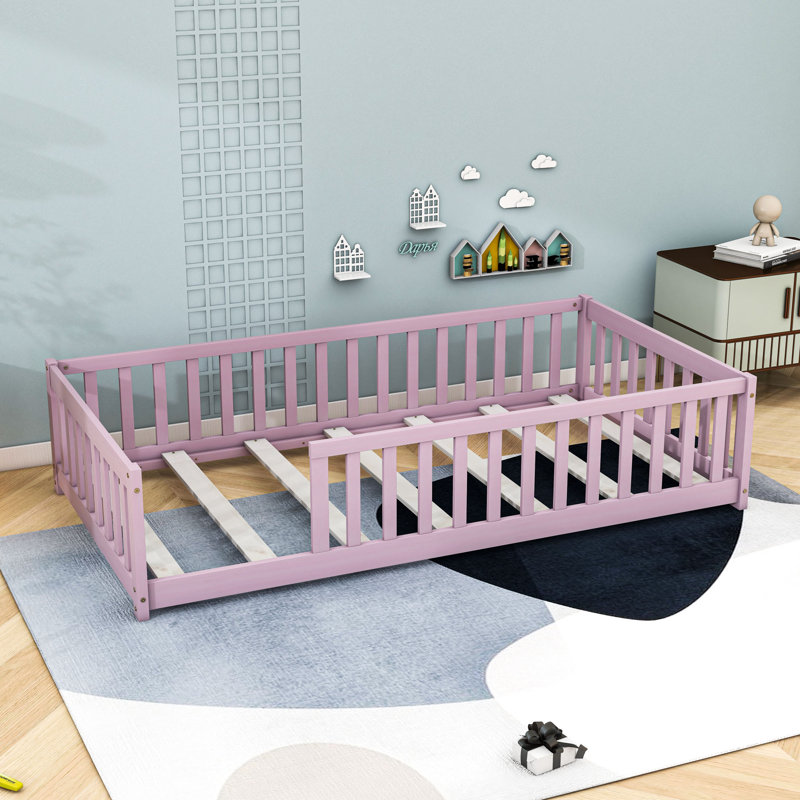 Twin Wooden Floor Bed With Guardrails And Slats, Pink