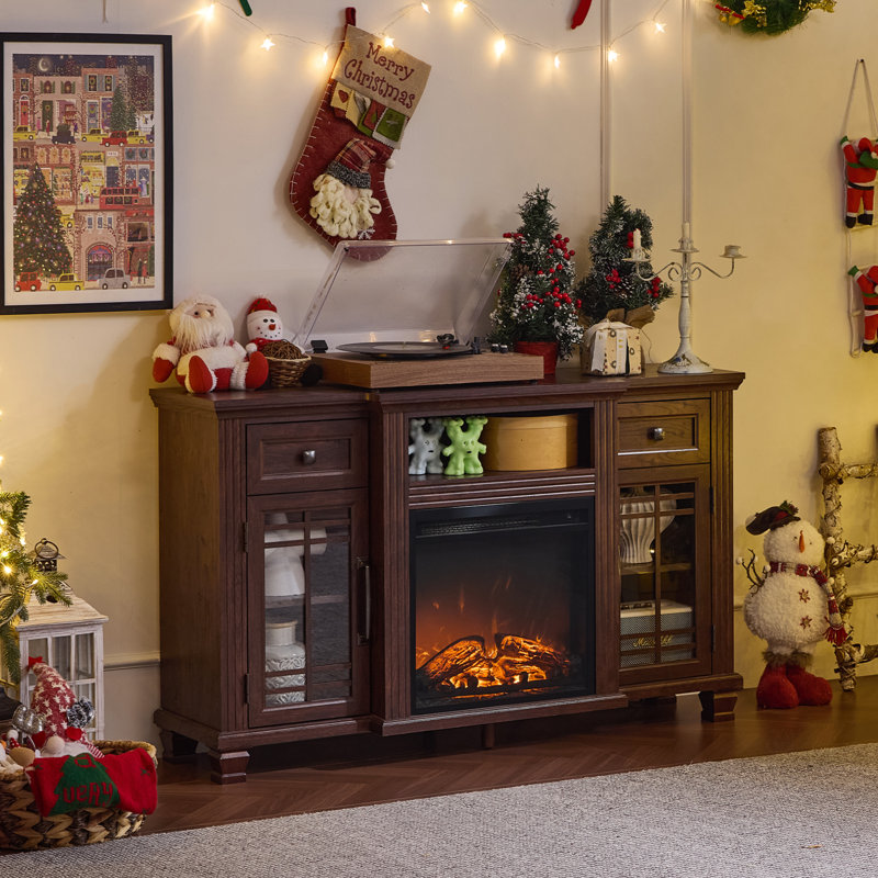 52" Fireplace TV Stand With 18”Silent Electric Fireplace, Farmhouse Entertainment Center For Tvs Up To 65", 2 Drawers TV Console With Glass Door Cabinet, Walnut Tvs Cabinet For Living Room