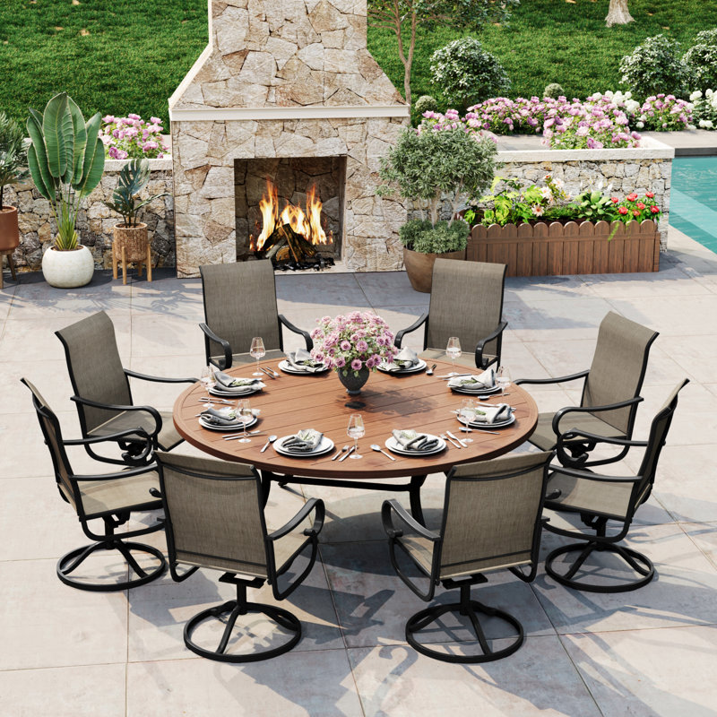 8-Person Patio Dining Set with 60“ Round Dining Table and 360° Swivel Textilene Rocking Chairs, Brush Wood Brown/Brown
