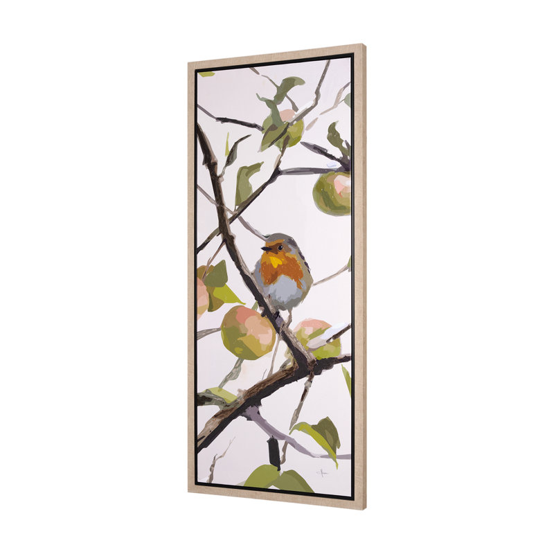 Oiseaux et pommes, toile texturée décorée à la main, Oiseaux et pommes I