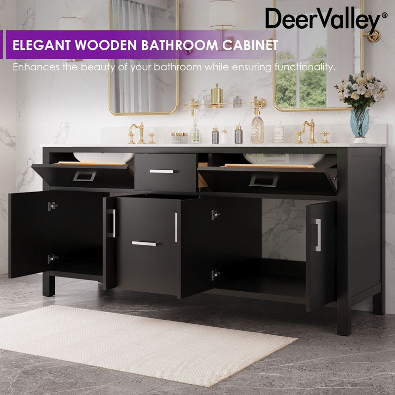 72" Black Double Freestanding Bathroom Vanity with Marble Top