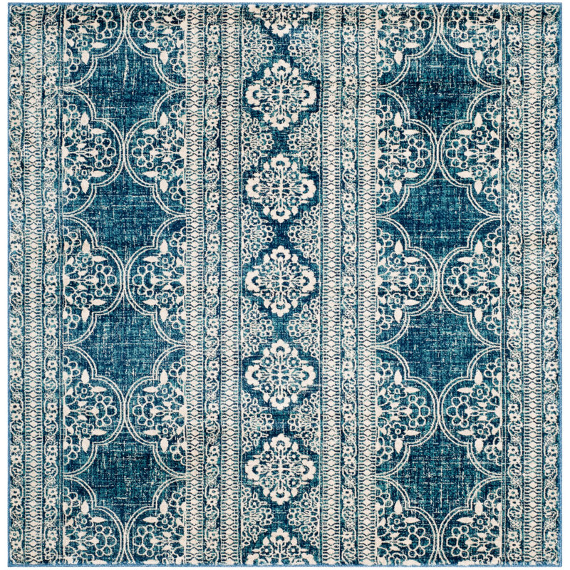 Annette Floral Royal Blue/Ivory Area Rug, Square 6'7"